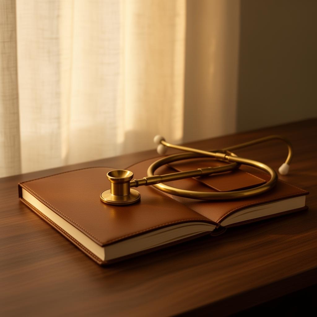 A brass stethoscope resting on a leather notebook in warm afternoon light