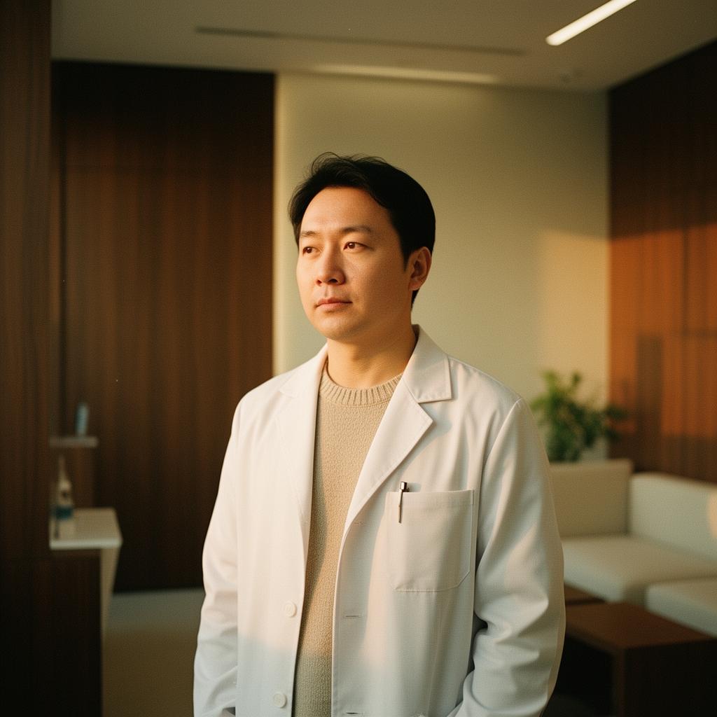 A clinician in a quiet, modern consult room at golden hour