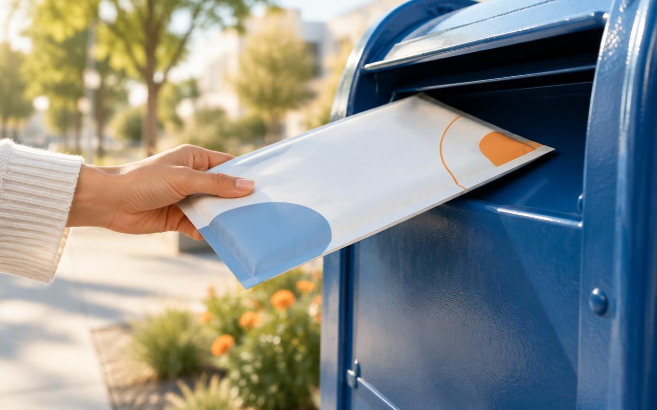 Placing a prepaid sample mailer in a postal box