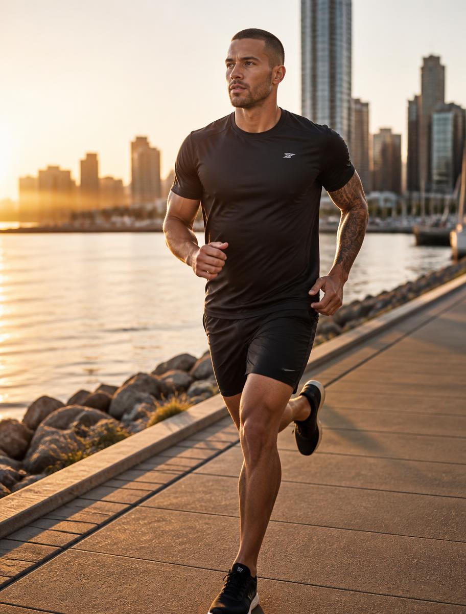 Fit man with a buzz cut and tattoo sleeve running on a waterfront path at sunrise
