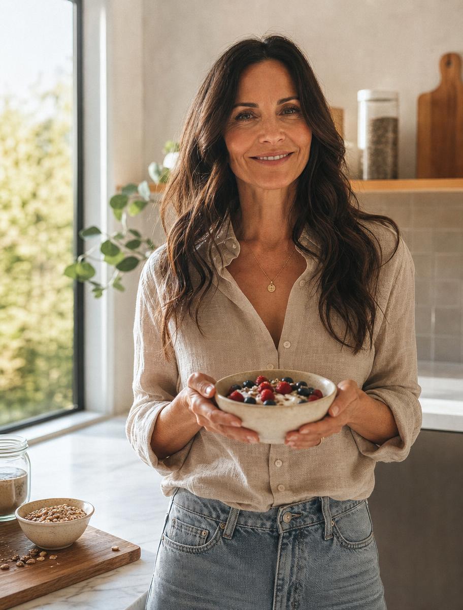 Woman holding a bowl of fresh berries and yogurt in a sunlit kitchen