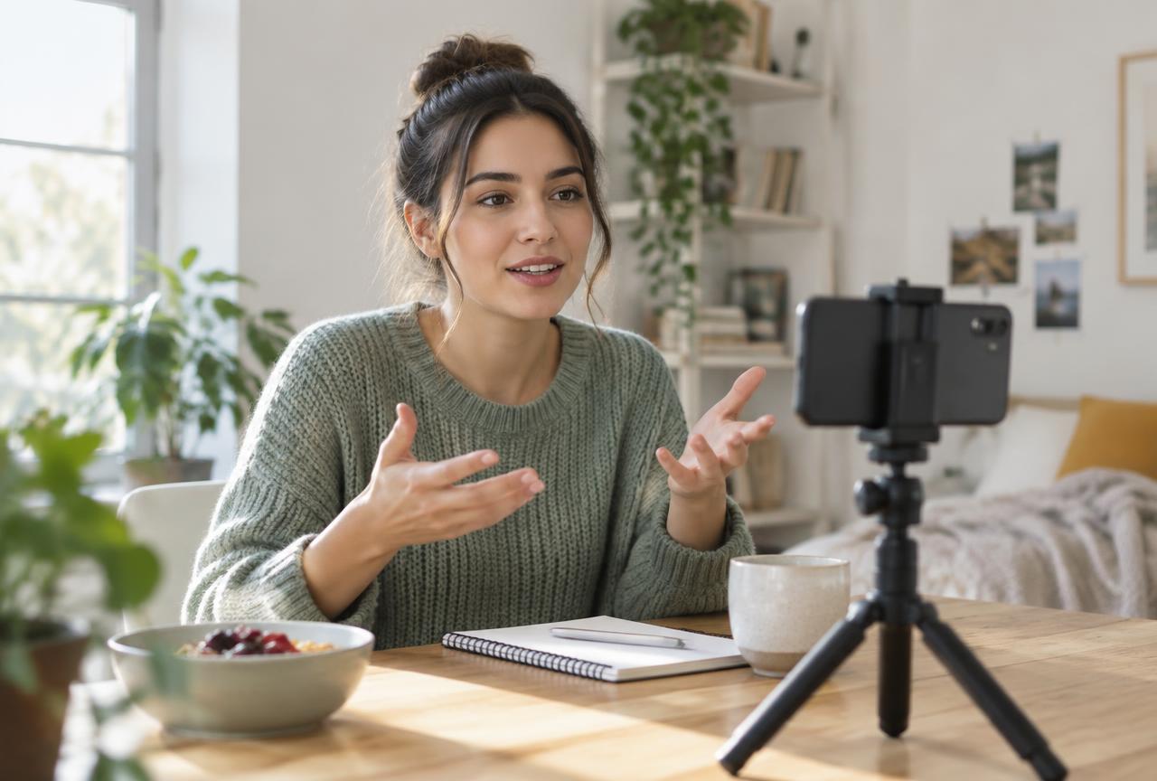 Content creator recording a video in a bright home studio